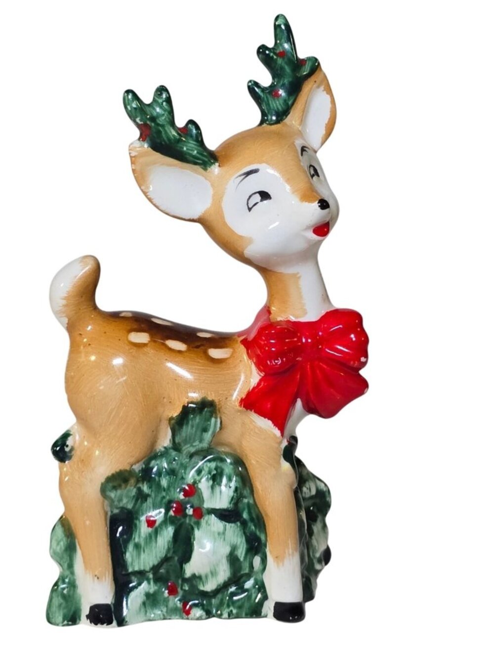 Vintage Lefton #709 Reindeer Salt/Pepper Shaker 3.75" Stopper Christmas Ceramic